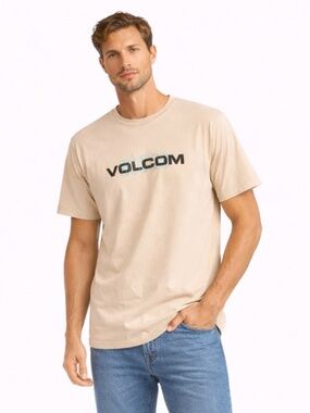 Volcom Stone Beige Cotton Short Sleeve T-Shirt w Logo Graphic – Size Small EUC